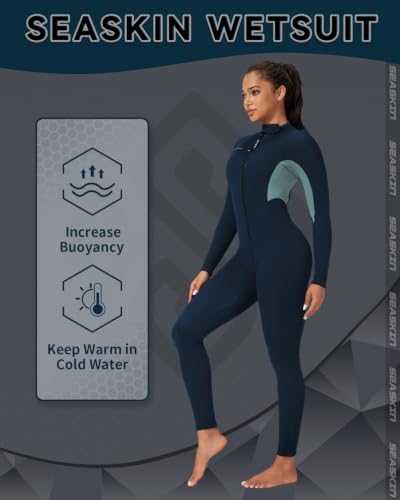 Navy Blue 3mm Neoprene Wetsuit for Women - Full Body Diving Suit with Front Zip