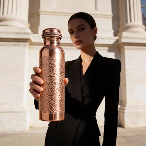 Natural Copper Water Bottle Pack of 2 - 1000ml Pure Copper Hydration Bottle for Yoga, Sports, and Travel