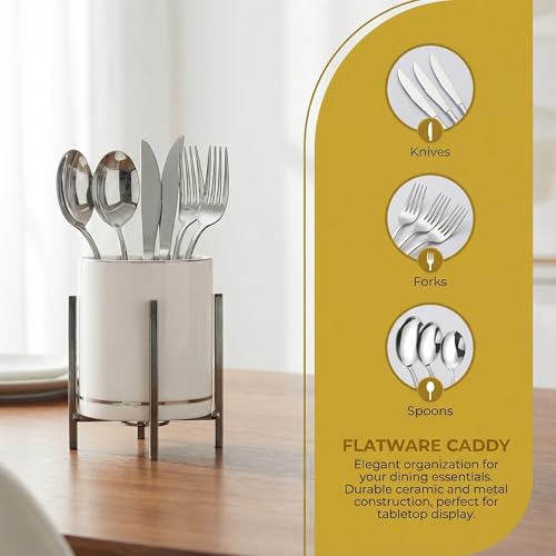 Farmhouse Flatware Holder with Silver Trim - Ceramic Utensil Caddy & Cup with Silver Bracket