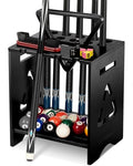Pool Cue Holder Floor Stand Solid Wood Black - Holds 10 Cues & Accessories
