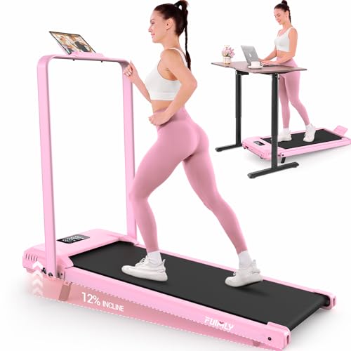 FUNMILY Light Pink Foldable Walking Pad Treadmill with 12% Incline & Handle Bar, 3.5HP Compact Under Desk Exercise Machine for Home & Office