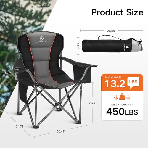 ALPHA CAMP Twin Pack Oversized Folding Camping Chairs with Cooler, Side Pocket & Cup Holder, Heavy Duty Support 450 LBS, Black