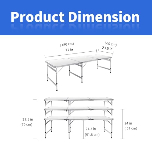 Moosinily 6FT Folding Camping Table White - Adjustable Height Outdoor Picnic & BBQ