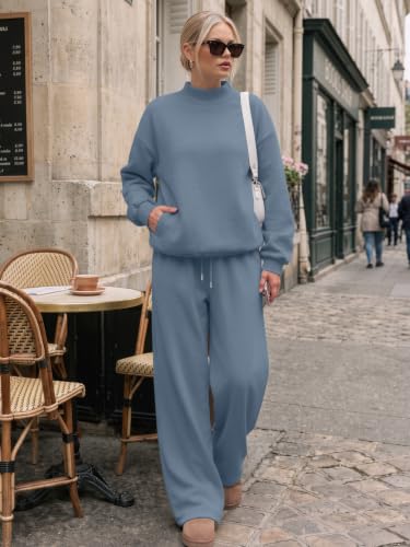 Women's Mock Neck Sweat Sets - 2 Piece Fall Outfits, Medium / Grey Blue