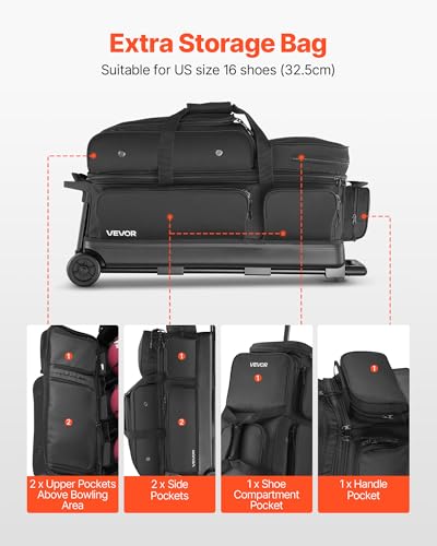VEVOR Black Bowling Ball Bag for 3 Balls with Wheels & Shoe Compartment - Double Roller