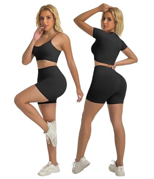 YOAKUKA Women's 4 Piece Workout Sets Seamless Acid Wash Yoga Outfits with Short Sleeve Top Sports Bra Biker Shorts High Waist Leggings Active Set