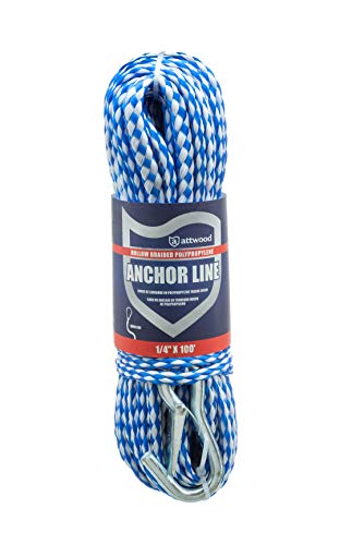 Attwood 1/4-Inch x 100-Foot Hollow Braided Polypropylene Anchor Line with Spring Hook - Blue/White