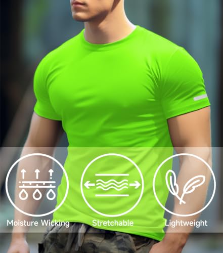 Mens Fitted Quick Dry Workout Shirts - Running Athletic Gym Tee Large Neon Green