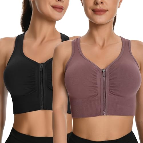 XX-Large Zip Front Sports Bras for Women - Black & Purple, Easy On & Off