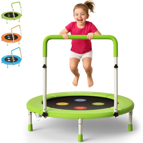 Green 36-Inch Foldable Toddler Trampoline with Adjustable Handle - Indoor Outdoor Mini Rebounder