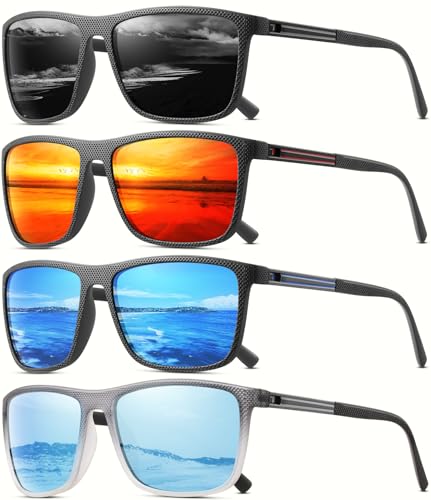 Polarized Sunglasses for Men 4-Pack UV Protection Driving Fishing Golf - Black, Red, Blue, Ice Blue
