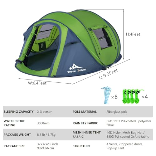 Three Bears Green Instant Pop-Up Tent for 2 Persons - Easy Setup & Waterproof Camping Shelter