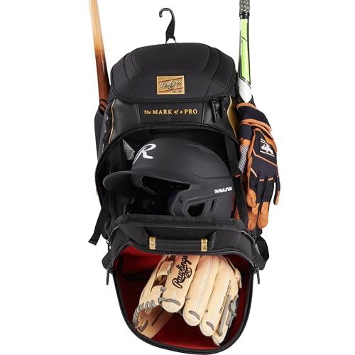 Black Baseball Equipment Backpack with Glove & Bat Storage - Gold Collection