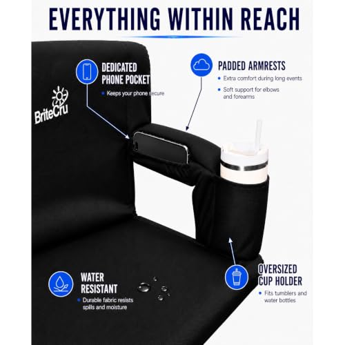 Portable Folding Stadium Seat with Back Support & Cup Holders - Bleacher Chair with Reclining Backrest, Padded Cushion, Armrests, Storage Pocket, Lightweight