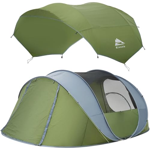 Green 6 Person Pop Up Camping Tent with Skylight & Rainfly - Waterproof, Fast Setup