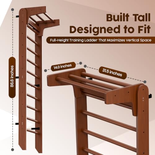 Walnut Swedish Ladder Wall Bars with Adjustable Pull-Up & Dip Station