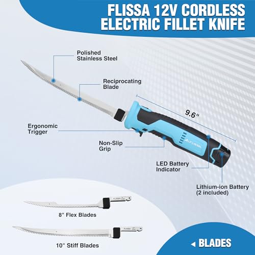 FLISSA 12V Cordless Electric Fish Fillet Knife with 8" & 10" Blades – Rechargeable, Ergonomic, Quick-Change Stainless Steel Blades