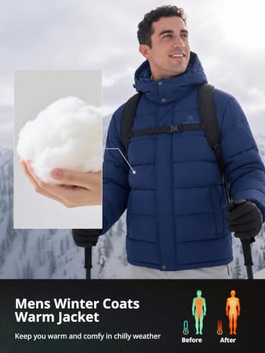 Men's Winter Coat with Detachable Hood - Water-Resistant & Windproof, Blue, Large