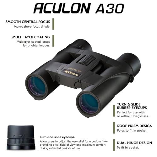 Nikon ACULON A30 10x25 Compact Binoculars - Black, Lightweight, Dual-Hinge