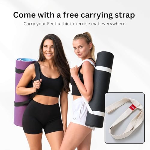 Feetlu Black & Gray Extra Thick 10mm Yoga Mat 72x24 Non-Slip with Carry Strap