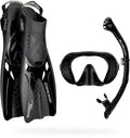 Large Black Travel Snorkel Set with Mask & Tonga Fins - Dry Valve, Quick-Release