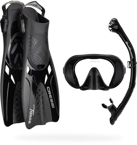 Large Black Travel Snorkel Set with Mask & Tonga Fins - Dry Valve, Quick-Release