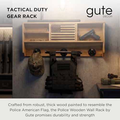 GUTE Police Wall Mounted Tactical Gear Rack with Blue American Flag & Lock - Law Enforcement Organizer