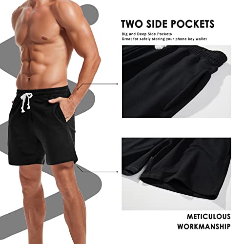 Men's Cotton Sweat Shorts with Pockets - 5.5 Inch Inseam, Large Black