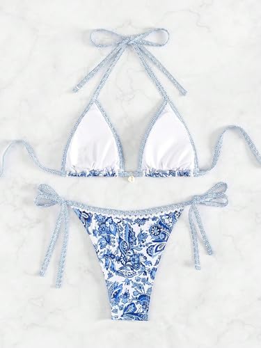 Women's Boho Floral Print Bikini Set - Medium Blue & White Halter Triangle Swimsuit
