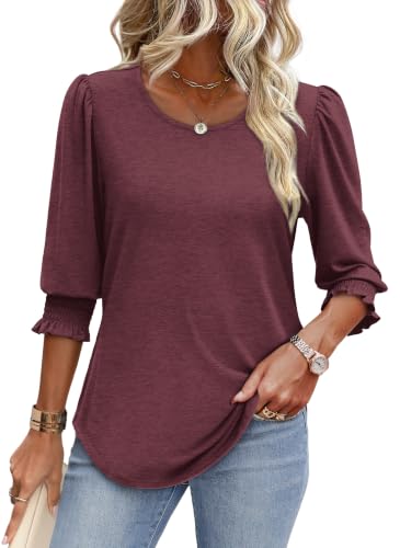 Women’s Dressy Casual Blouses with Smocked Cuffs - Burgundy, Large, 3/4 Sleeve Top