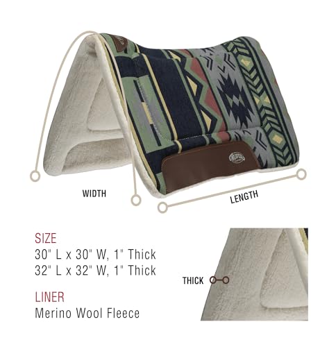 Equestrian Saddle Pad - 32x32 Inches, Blue, Wool & Weather-Resistant Fabric, Southwest Green/Gray Variation