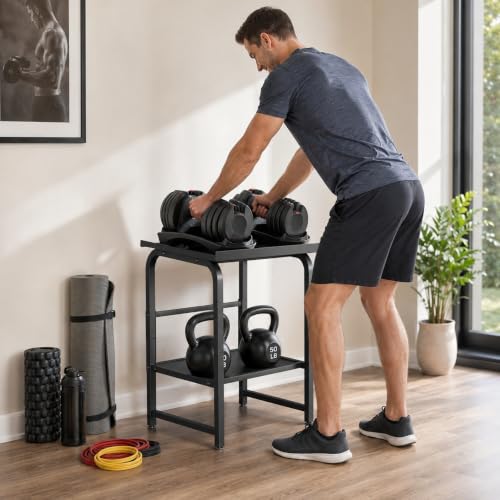 Beolisave Adjustable Dumbbell Rack with Shelf, 500 lb Capacity, Space-Saving Home Gym Organizer