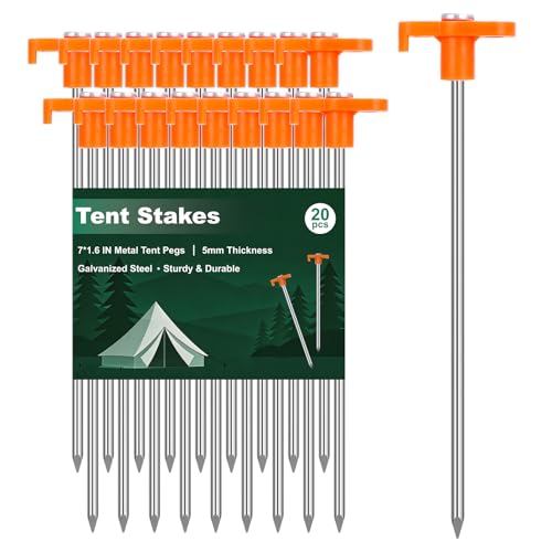 Heavy Duty Tent Stakes 7 Inch - 20 Pack Galvanized Steel Camping Pegs with Orange Heads