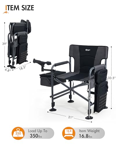 Portable Fishing Chair with Rod Holder, Cooler Bag & Adjustable Swivel Feet