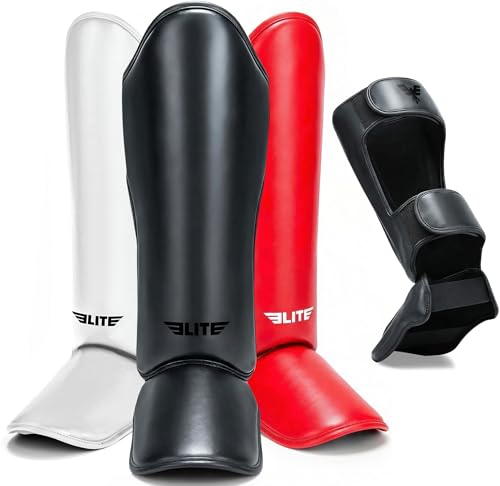 Elite Sports Muay Thai Shin Guards Kickboxing MMA Leg Protectors Black S-M