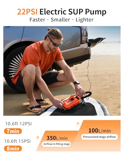 BAVIZZN Orange Electric SUP Paddle Board Pump - Portable Inflatable Pump with 8 Nozzles
