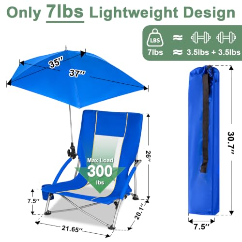 Romswi Blue Beach Chair with Umbrella 2-Pack, Adjustable Parasol & Cup Holder
