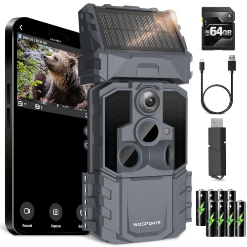 WOSPORTS 48MP WiFi Trail Camera with 7800mAh Solar Battery, 0.1s Trigger, Waterproof IP66, Supports 64GB SD Card