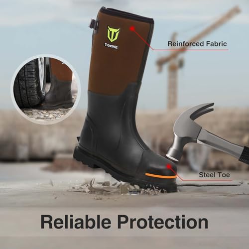 TIDEWE Men's Brown Rubber Work Boots with Steel Toe & Shank, Waterproof, Size 11