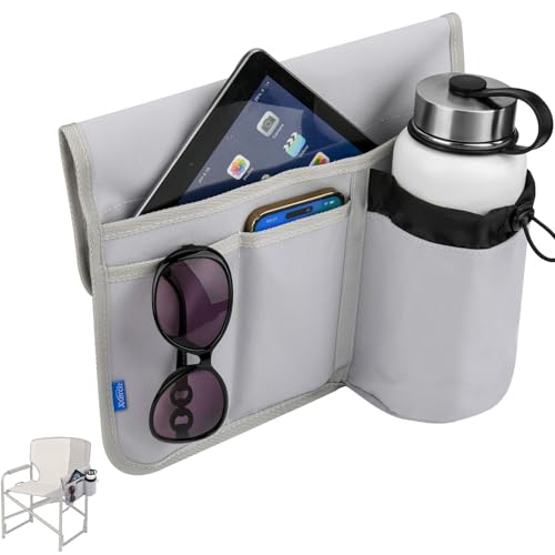 Gray Camping Chair Cup Holder with Hook & Loop Strap - Universal Water Bottle & Phone Organizer