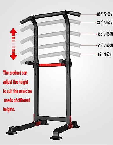 Power Tower Dip Station Pull-Up Bar - Adjustable Height & Non-Slip Feet - Black - 330lbs Capacity