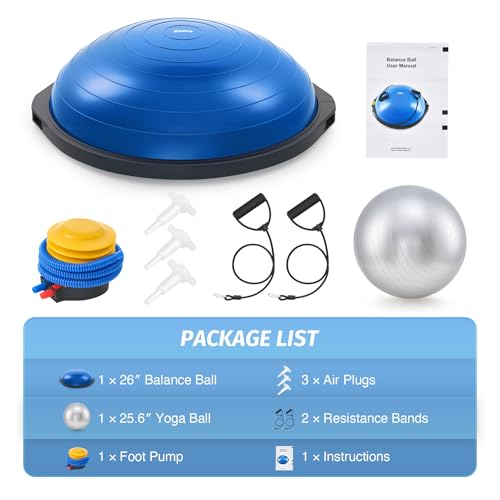 Blue 25-Inch Inflatable Balance Ball with Wobble Board, Resistance Bands & Pump