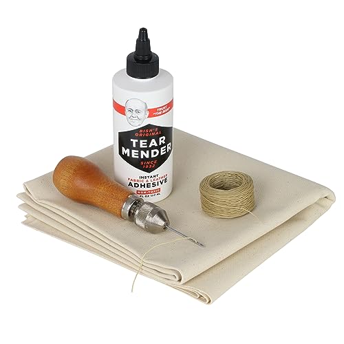 Canvas Tent Repair Kit with Glue, Sewing Awl, Heavy Canvas & Waxed Thread