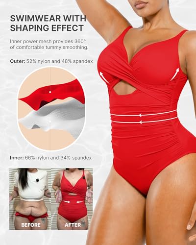 SHAPELLX Large Red Tummy Control One-Piece Swimsuit Women V-Neck Ruched Push-Up Slimming Bathing Suit with Built-in Bra