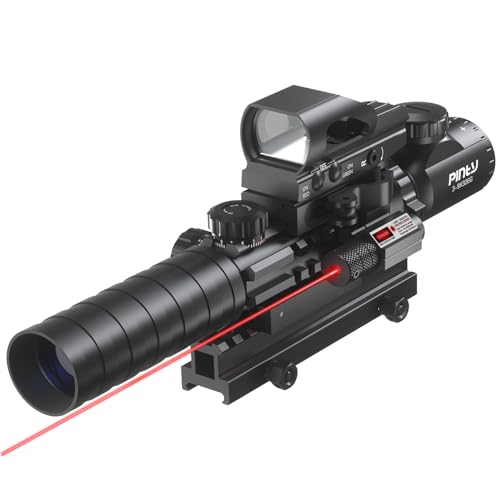 Pinty 3-9x32 4-in-1 Tactical Rifle Scope with Red-Green Dot & Laser Sight - Picatinny Mount