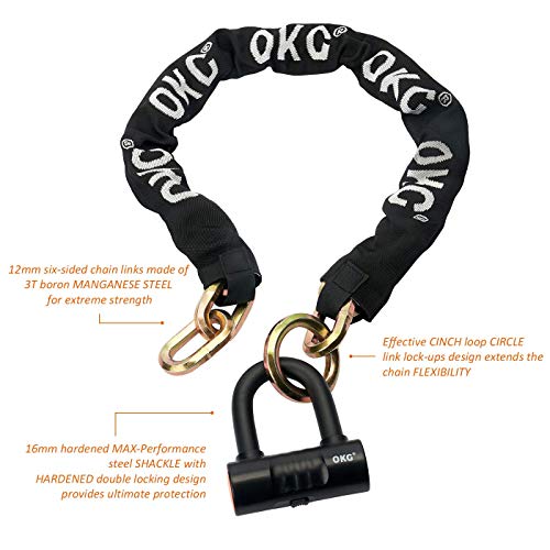 OKG Heavy Duty Chain Lock Kit - 4 ft x 1/2 inch (12mm) Security Chain & U Lock for Motorcycle, Moped, ATV, Trailer, E-Bike - 4 Keys
