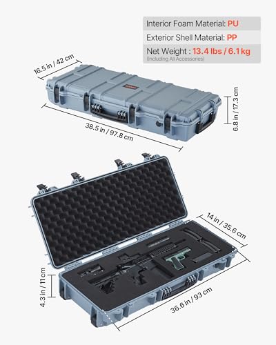 36 Inch VEVOR Waterproof Hard Rifle Case with Wheels, 4-Layer Foam, Lockable, Grey