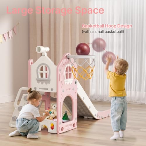 BIERUM 6-in-1 Toddler Indoor Playset & Slide - Pink, Safety Certified for Ages 1-3