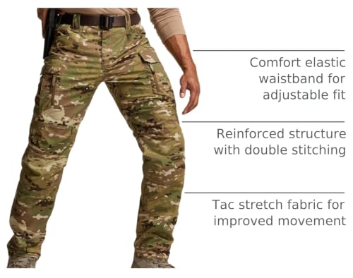 CQR Men's Flex Stretch Tactical Pants 36W x 32L, Water-Resistant Ripstop Cargo, Lightweight Outdoor Work Hiking Pants, Tempest Camo