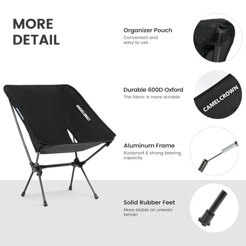 Portable Camping Chair Black Lightweight Foldable Lawn Chair with Carry Bag